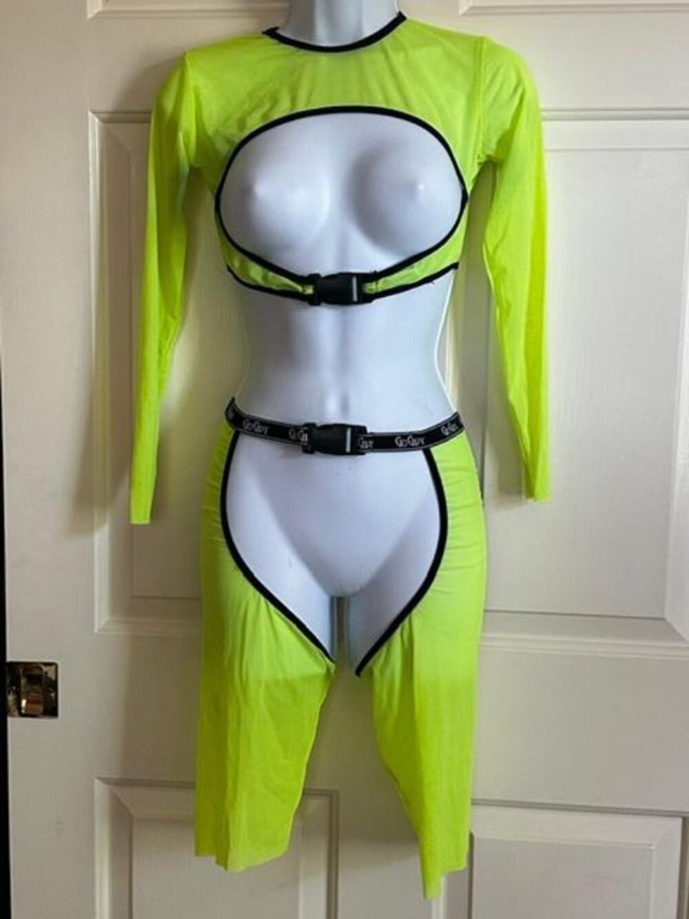 * Goguy Clothing Neon Lime Green Mesh Cut Out Buckle Rave Festival 2PC Set S